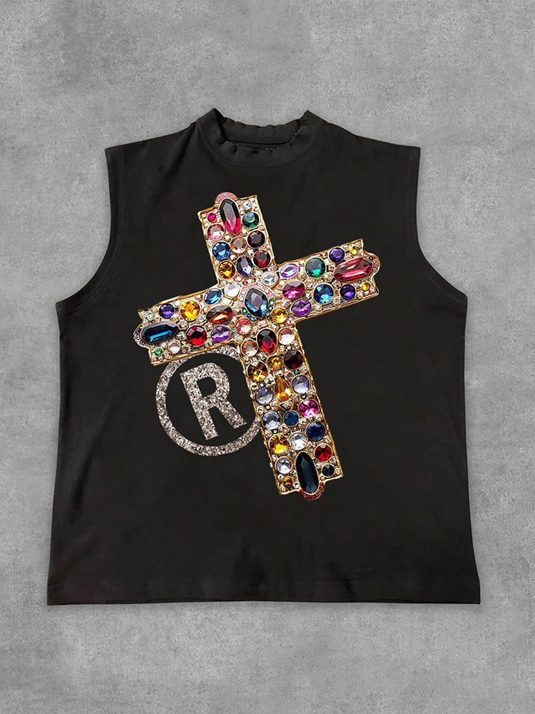 Diamond Cross Graphic Print Casual Cotton Tank Top