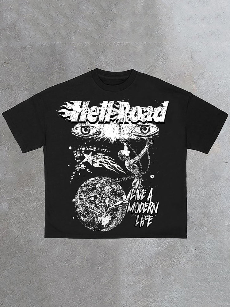 Hell Road Retro Portrait Earth Graphic Print Cotton T-Shirt