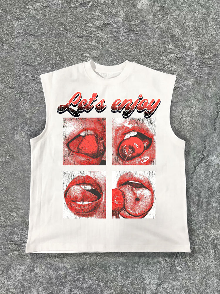 Men's Red Lip Vintage Print Cotton Tank Top