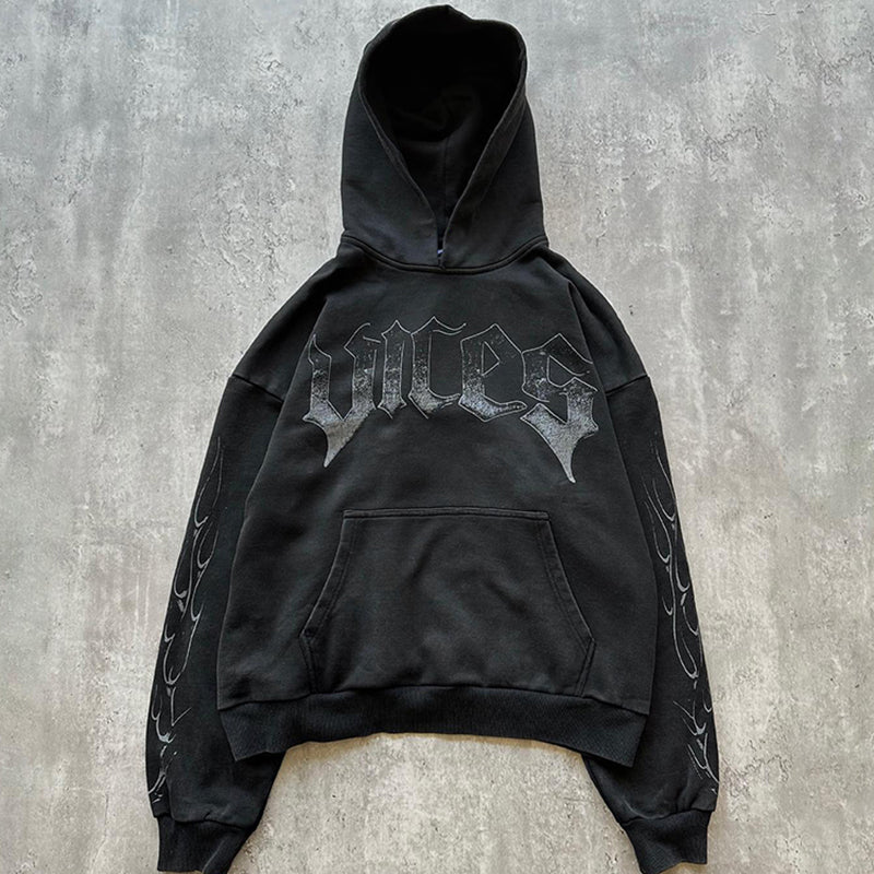 Vercoo Vintage Street Wing Flame Graphic Pockets Hoodie