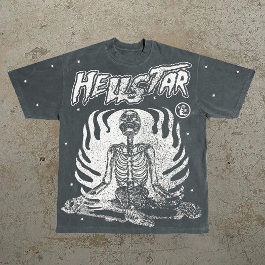 Vintage Hell Star Skull & Letters Print Graphic T-Shirt