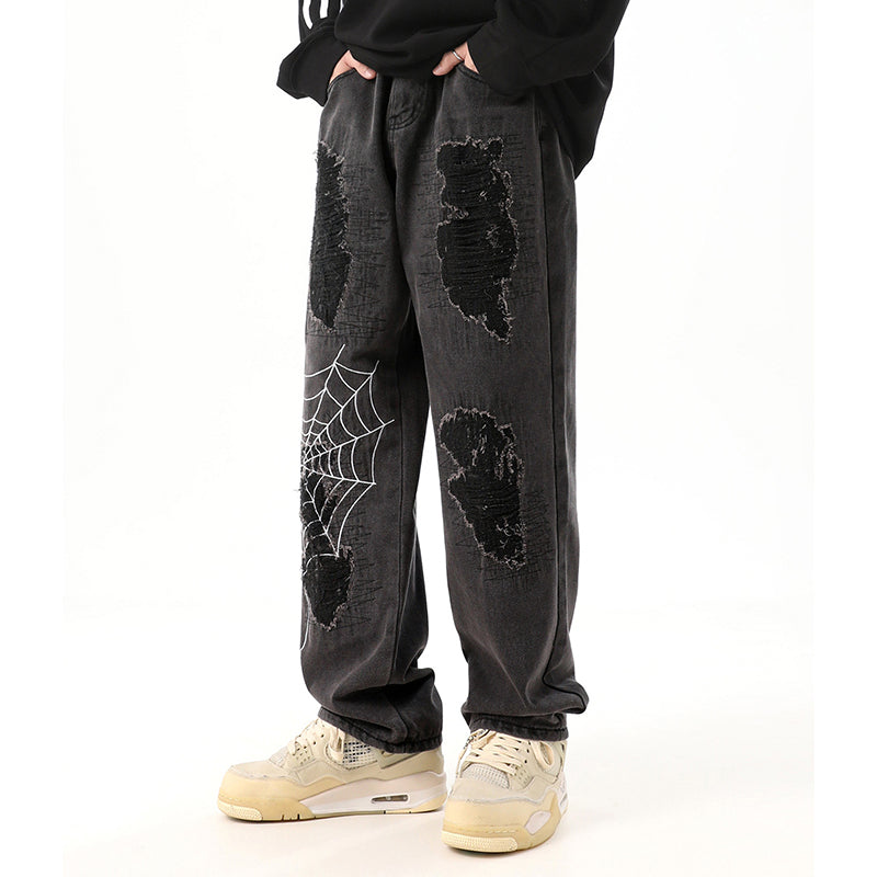 Vercoo Vintage Street Spider Web Embroidery Ripped Patch Jeans