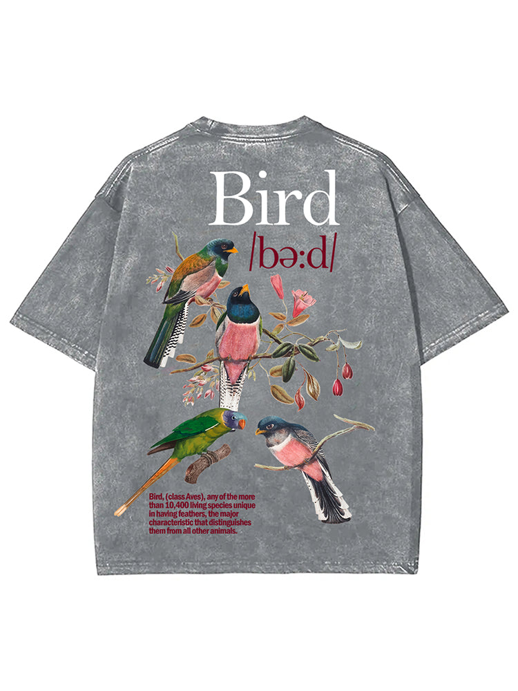 Bird Print Graphic Vintage Acid Wash Cotton T-Shirt