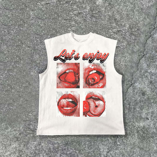 Men's Red Lip Vintage Print Cotton Tank Top