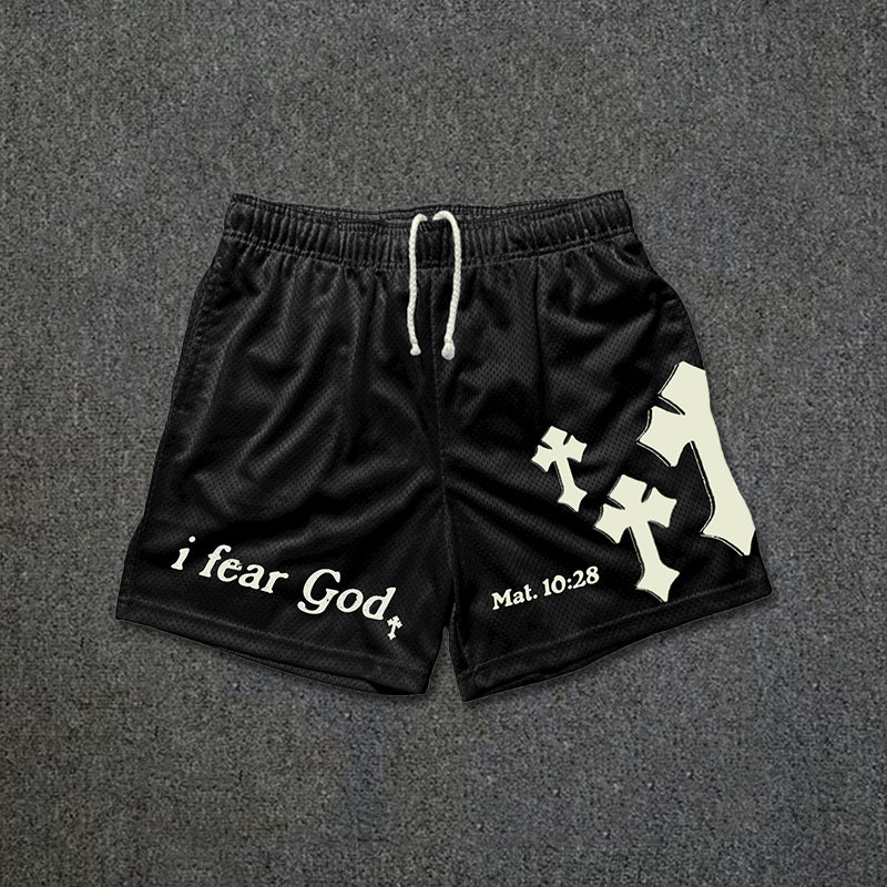 I Fear God Cross Print Graphic Mesh Shorts