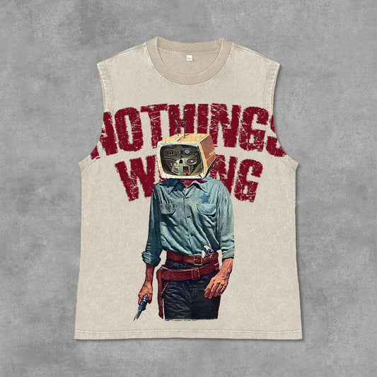 Vercoo Vintage Nothing Wrong Graphic Print Acid Washed Sleeveless Tank Top