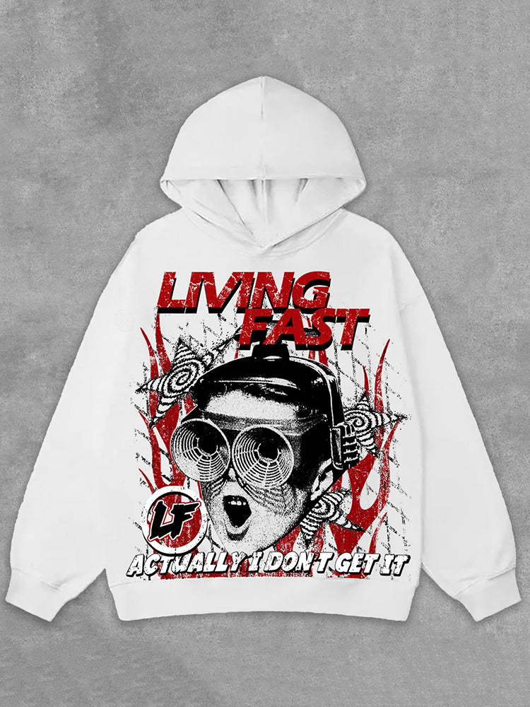 Vintage Portrait Living Fast Graphic Print Side Pockets Hoodie