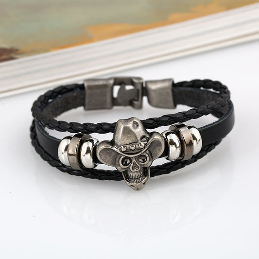 Men's Braided Skull Leather Bracelet