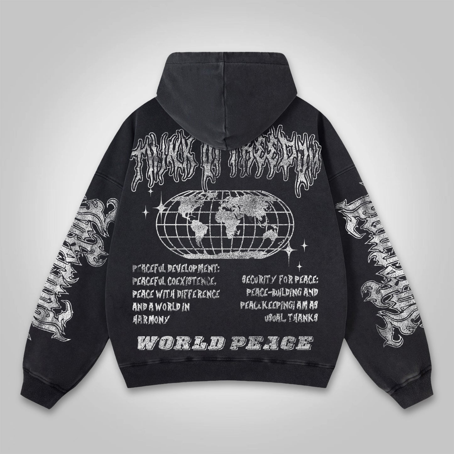 Vercoo World Pacifist Anti-War Skull Print Graphics Washed Distressed Pocket Hoodie