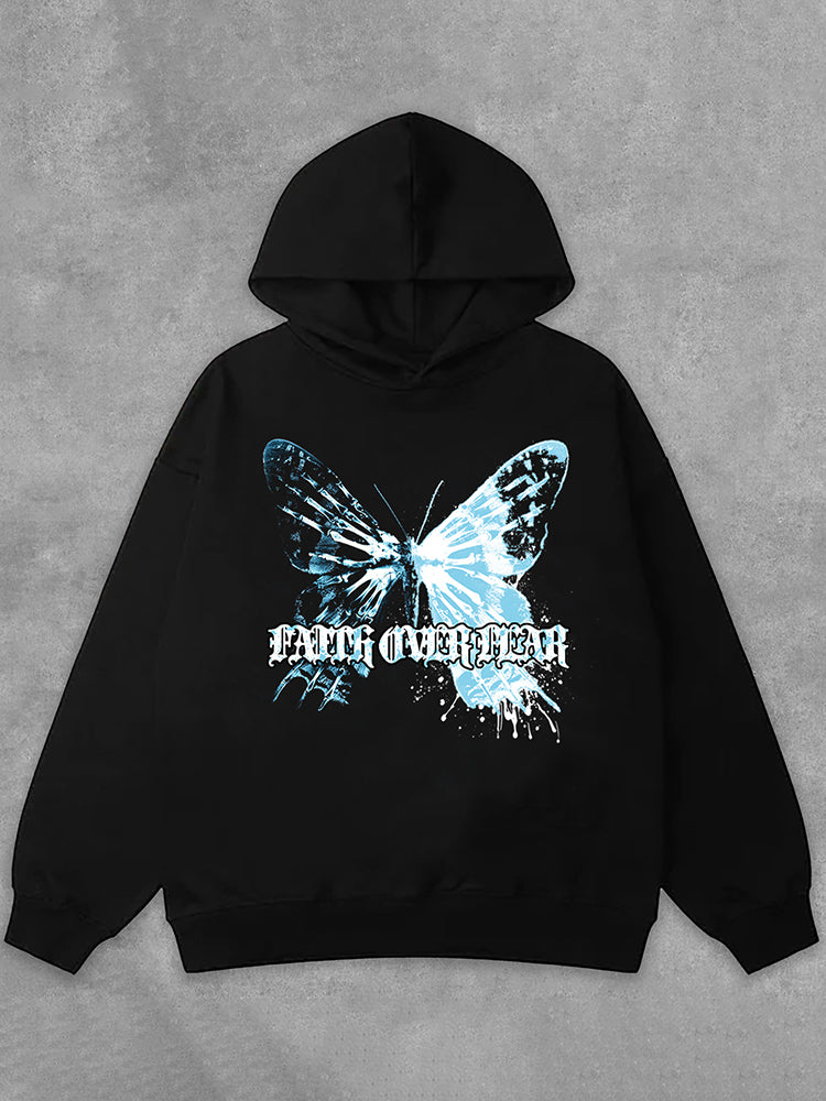 Irregular Butterfly Graphics Faith Over Fear Print Side Pockets Hoodie