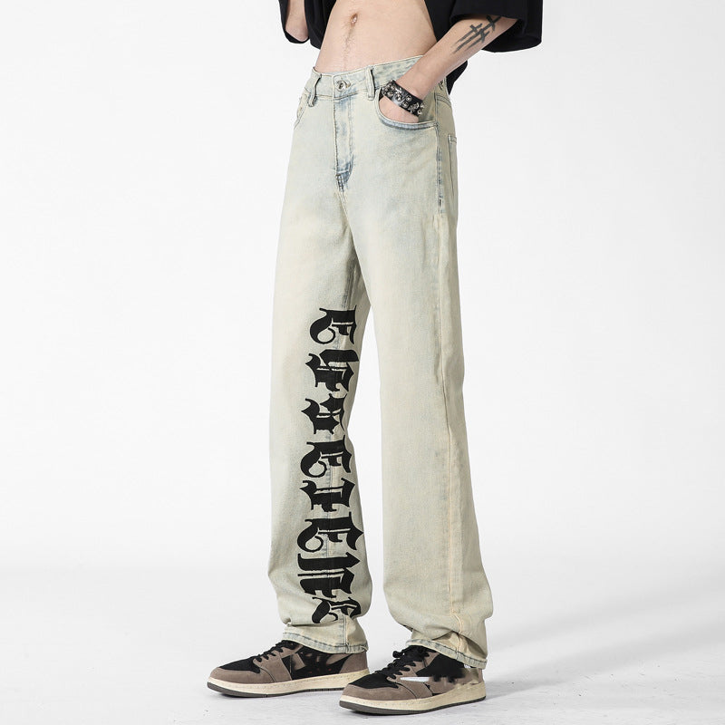 Men's Street Trendy Ins Letter Print Jeans