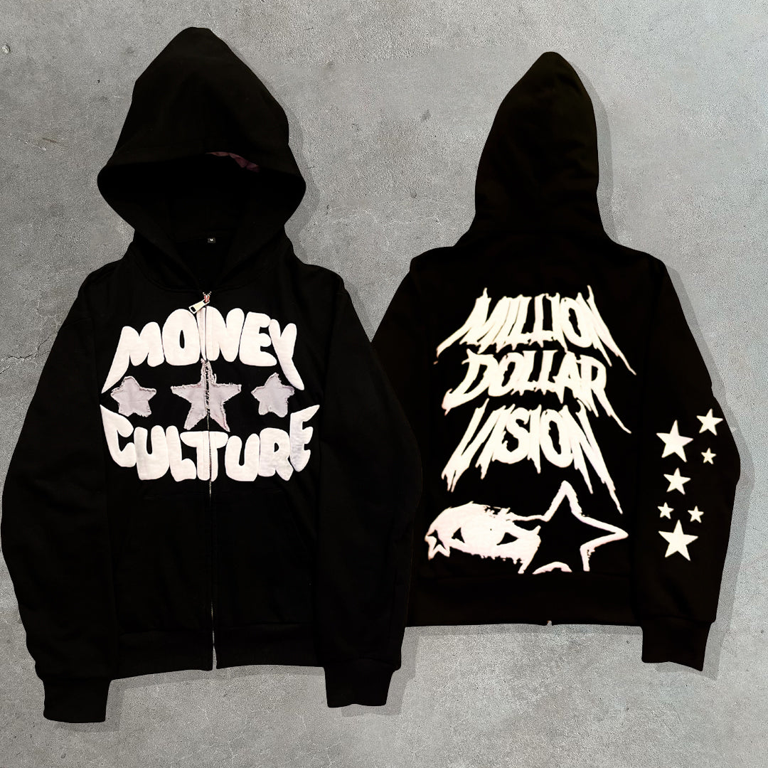 Vintage Millioim Dollar Vision Graphic Hip Hop Oversized Zip Up Hoodie