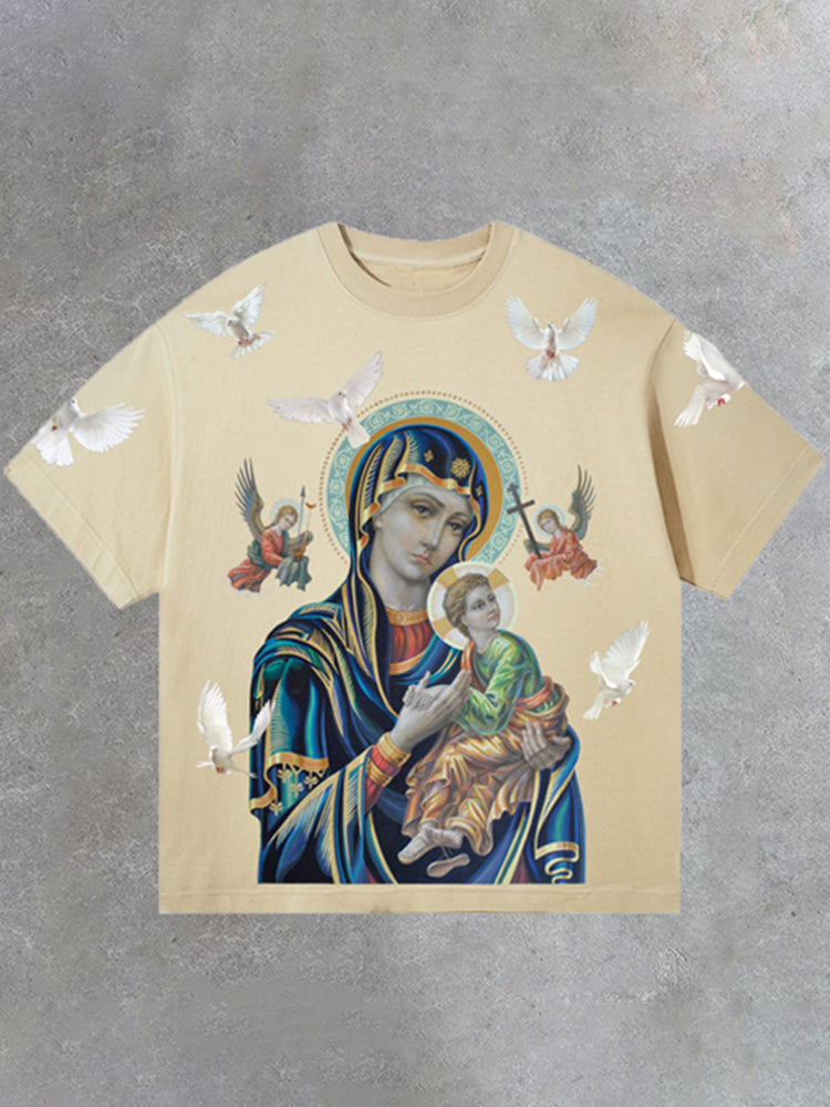 Vercoo Vintage Unisex Madonna And Child Graphic Cotton T-Shirt