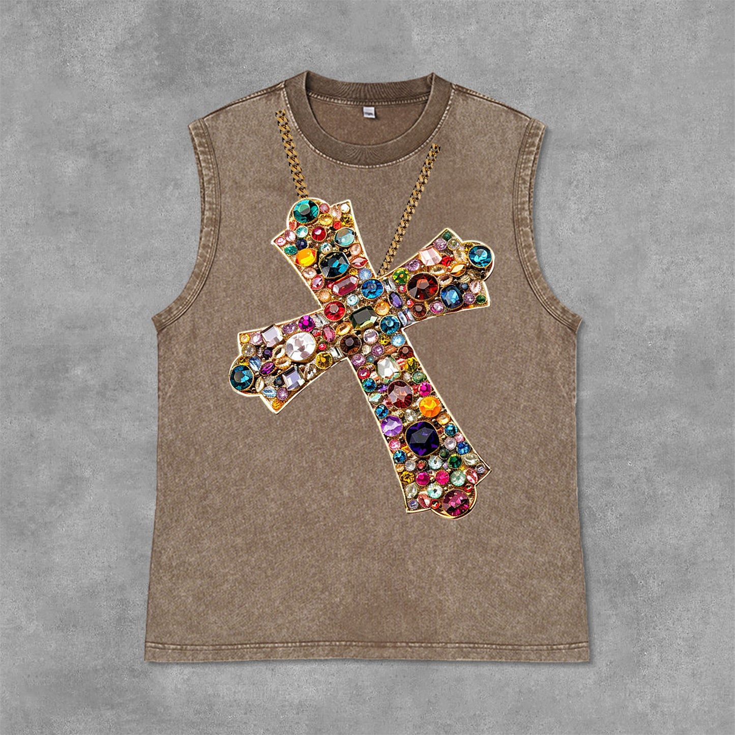 Diamond Cross Graphic Print Acid Washed Sleeveless Tank Top