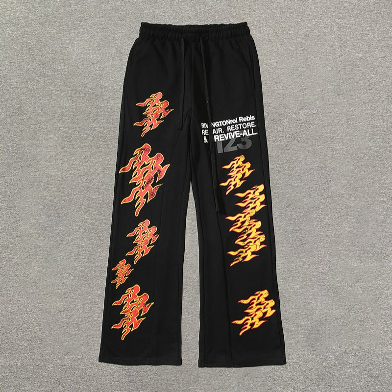 American High Street Retro Flame Letter Print Sweatpants