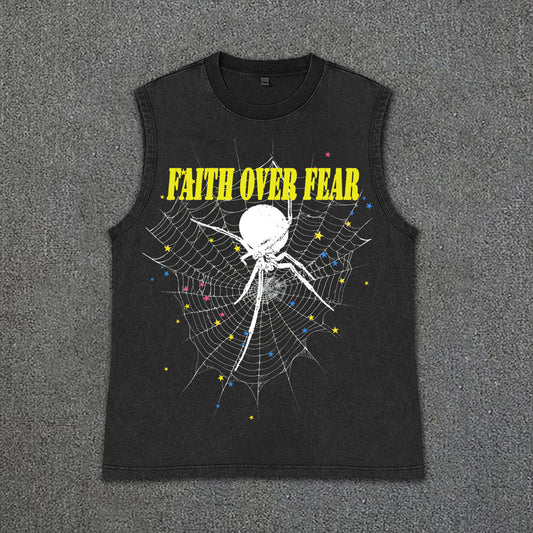 Men's Vintage Wash Faith Over Fear Print Spider Graphics Sleeveless Tank Top