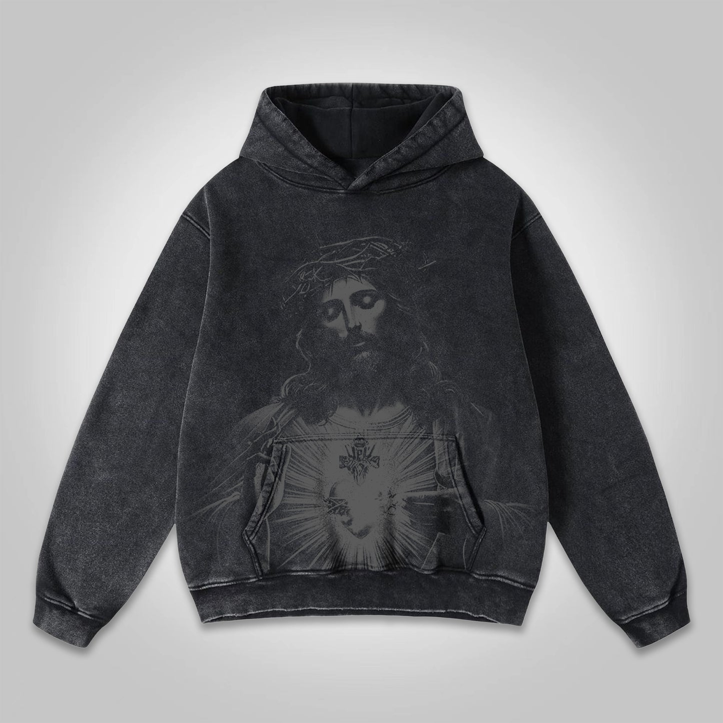 Vercoo Vintage Jesus Print Graphics Washed Hoodie