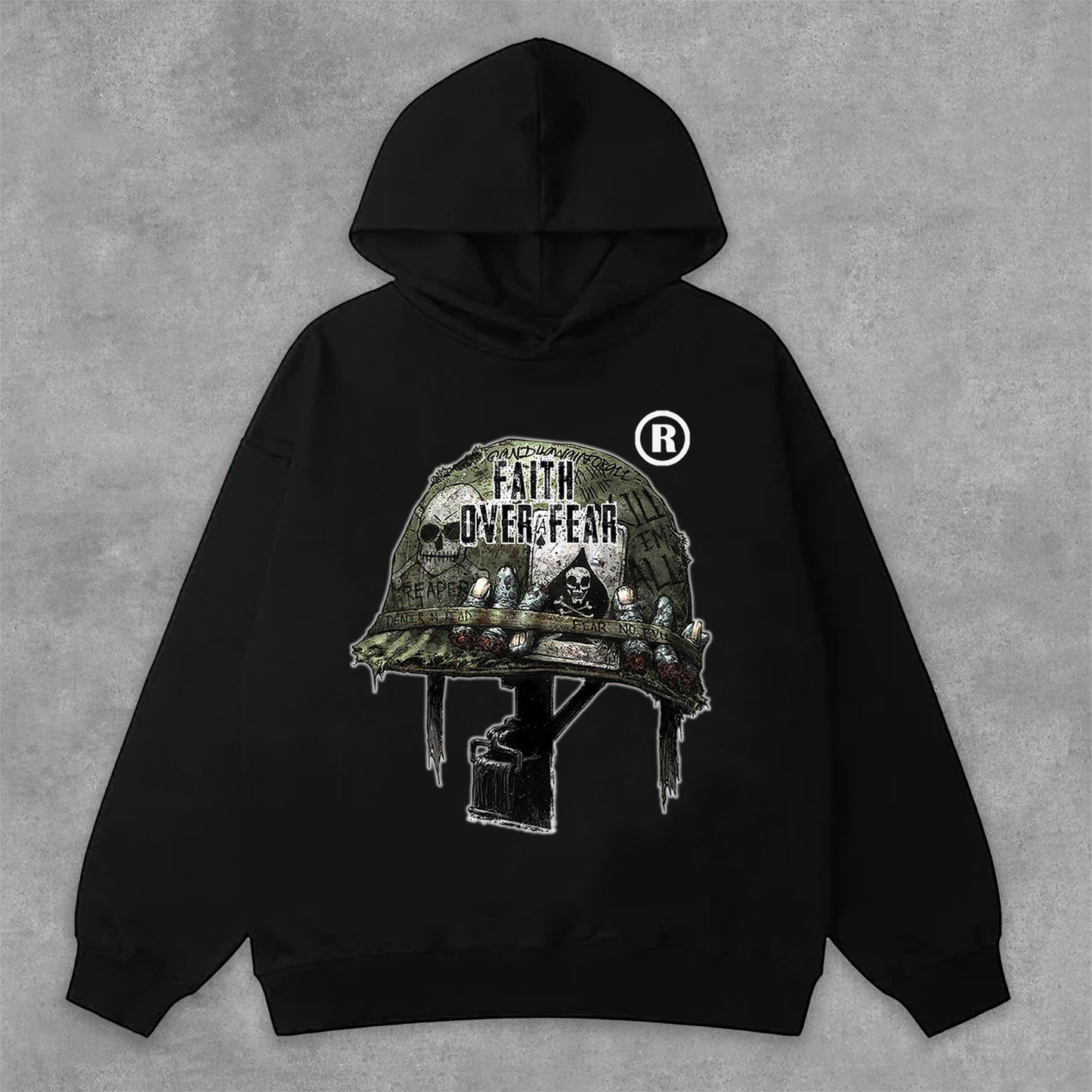 Vercoo War Helmet Faith Over Fear Graphic Print Side Pockets Hoodie