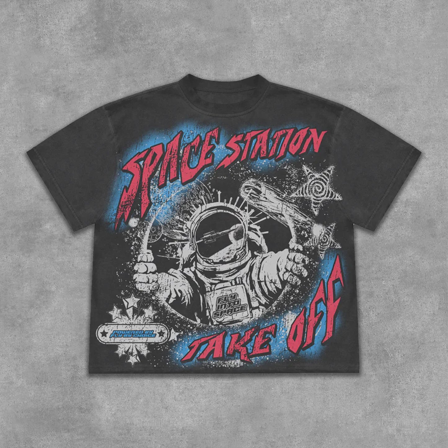 Fly By Choice X Spacestation Graphics Print Acid Washed Retro T-Shirt