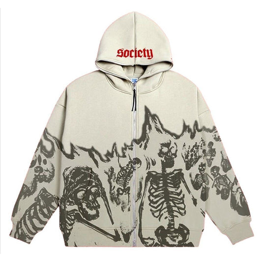 Vintage Flame Skull Print Graphic Zip Up Hoodie