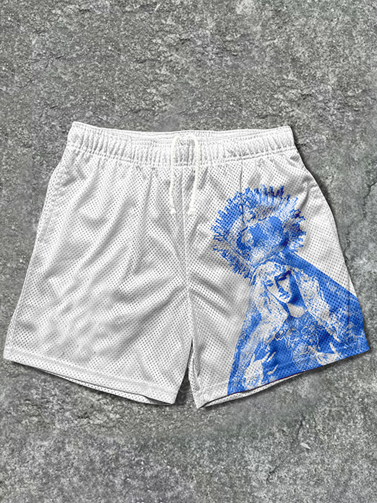 Vintage The Scriptures Of The Blessed Virgin Mary Graphics Mesh Drawstring Shorts