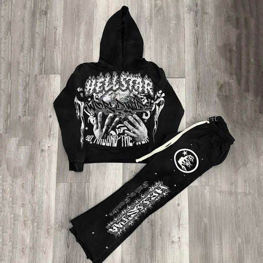 Vintage Hellstar Worldwide Graphic Hip-Hop Hoodie & Flared Men Trousers Two Piece Set