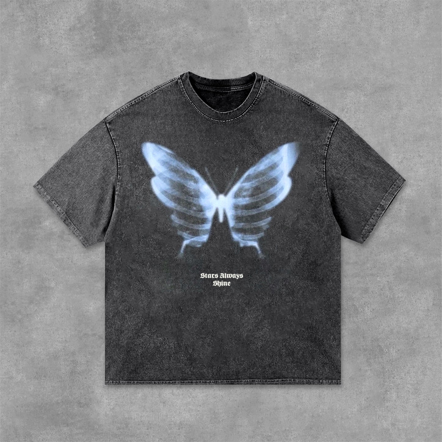 Acid Washed Shadow Skeleton Butterfly Short-Sleeved T-Shirt