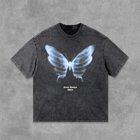 Acid Washed Shadow Skeleton Butterfly Short-Sleeved T-Shirt