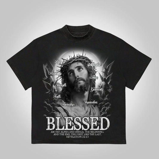 Vercoo Vintage Jesus Graphics Blessed Revelation 22:13 Print Cotton T-Shirt