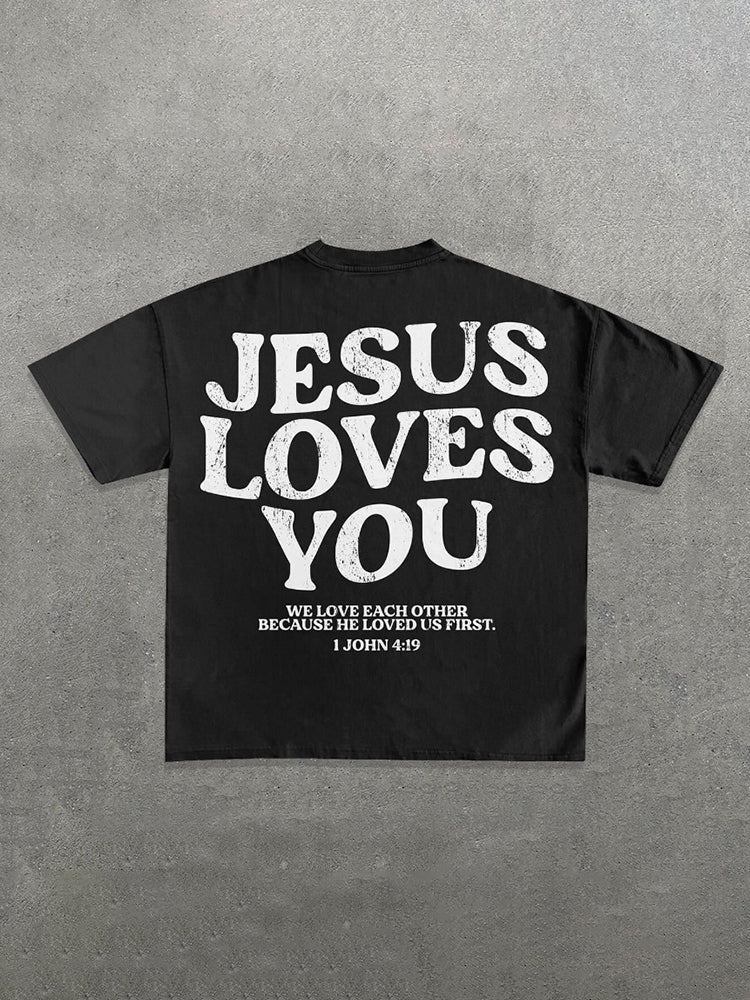 Vercoo Vintage Jesus Loves You Graphic Cotton T-Shirt