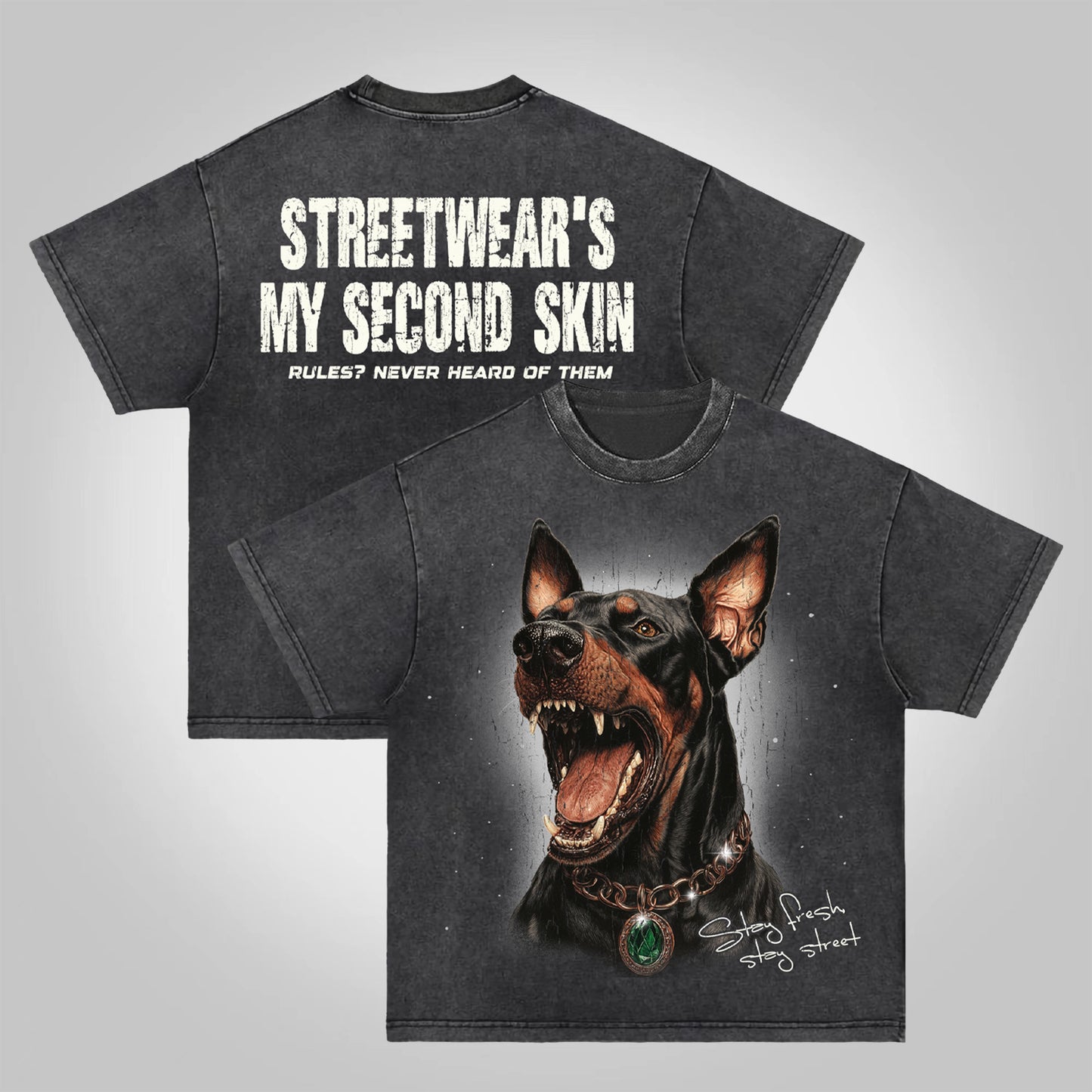 Vercoo Vintage Street Doberman Graphic Acid Wash T-shirt