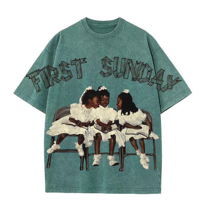 First Sunday Retro Graphic Print Acid Washed T-Shirt