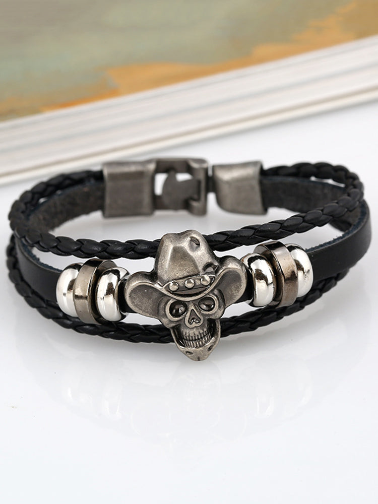 Men's Braided Skull Leather Bracelet