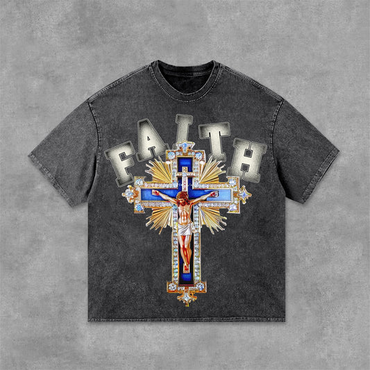 Christian & Diamond Cross - Faith Graphic Design Acid Washed T-Shirt