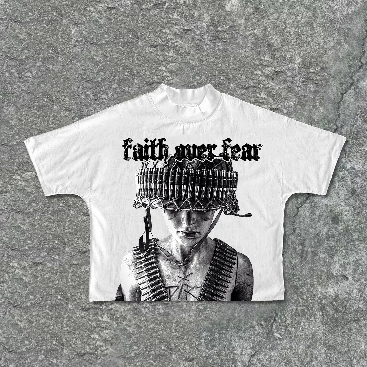 Vercoo War Helmet Faith Over Fear Graphic Print Cropped T-Shirts