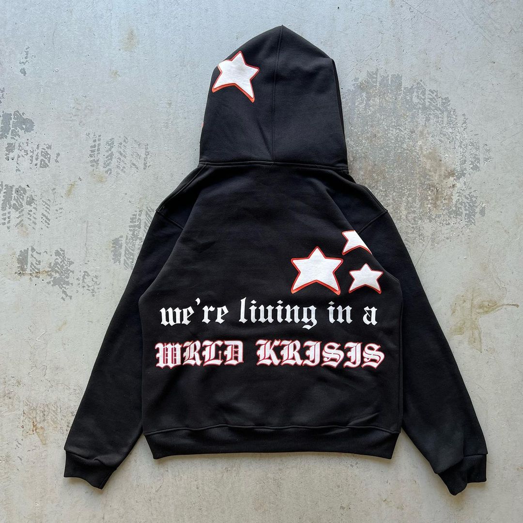 “We're Living In A Wrld Krisis”Puff Print Fleece-Lined Zip-Ups Hoodie