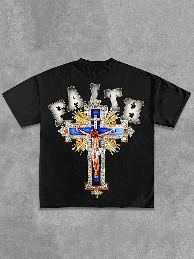 Christian & Diamond Cross - Faith Graphic Design Cotton T-Shirt