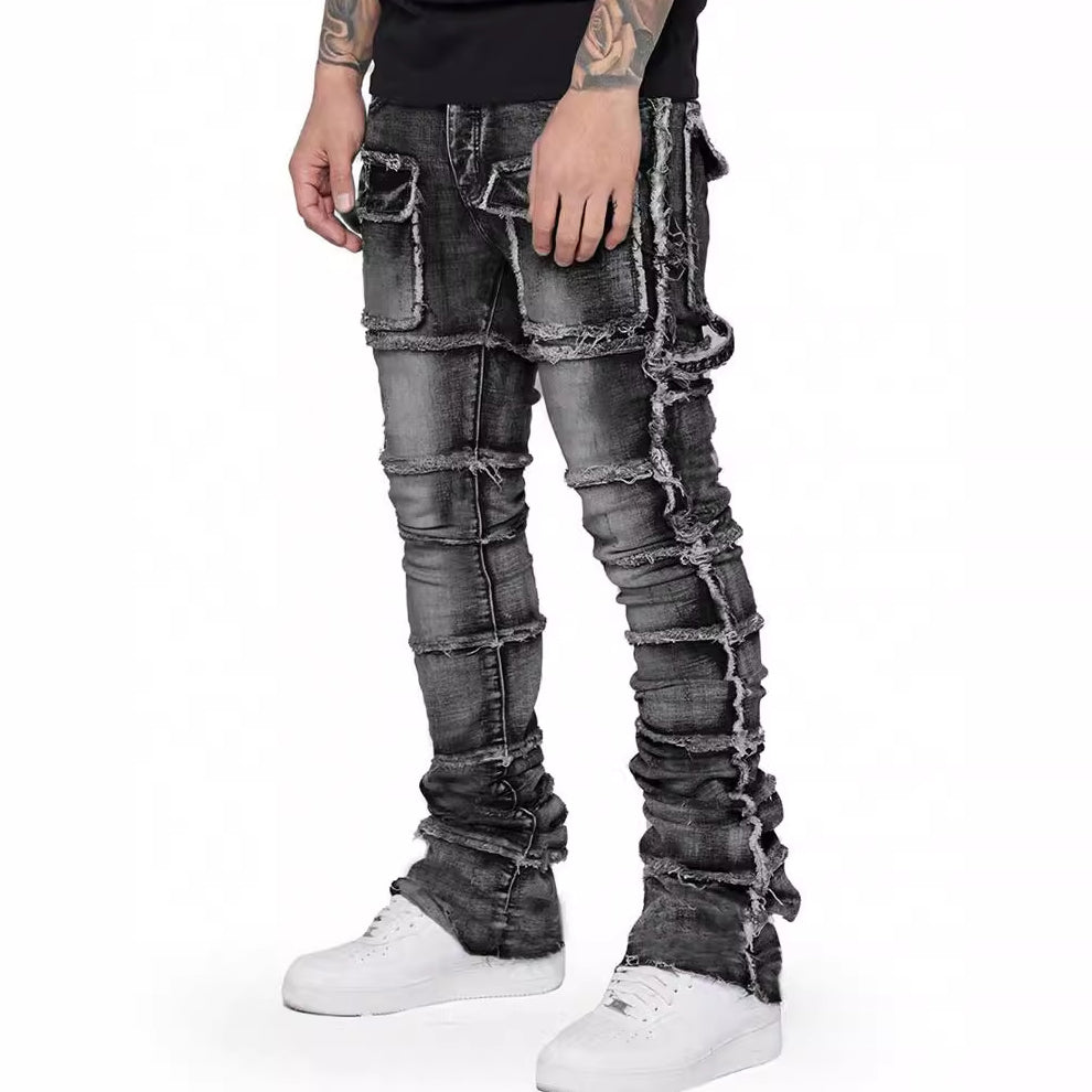 Hiphop Fashion Stretch Patch Cargo Straight Jeans