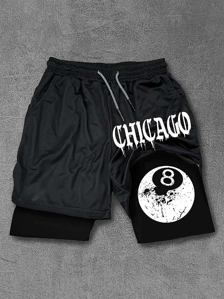 Chicago 8 Ball Print Double Layer Drawstring Shorts