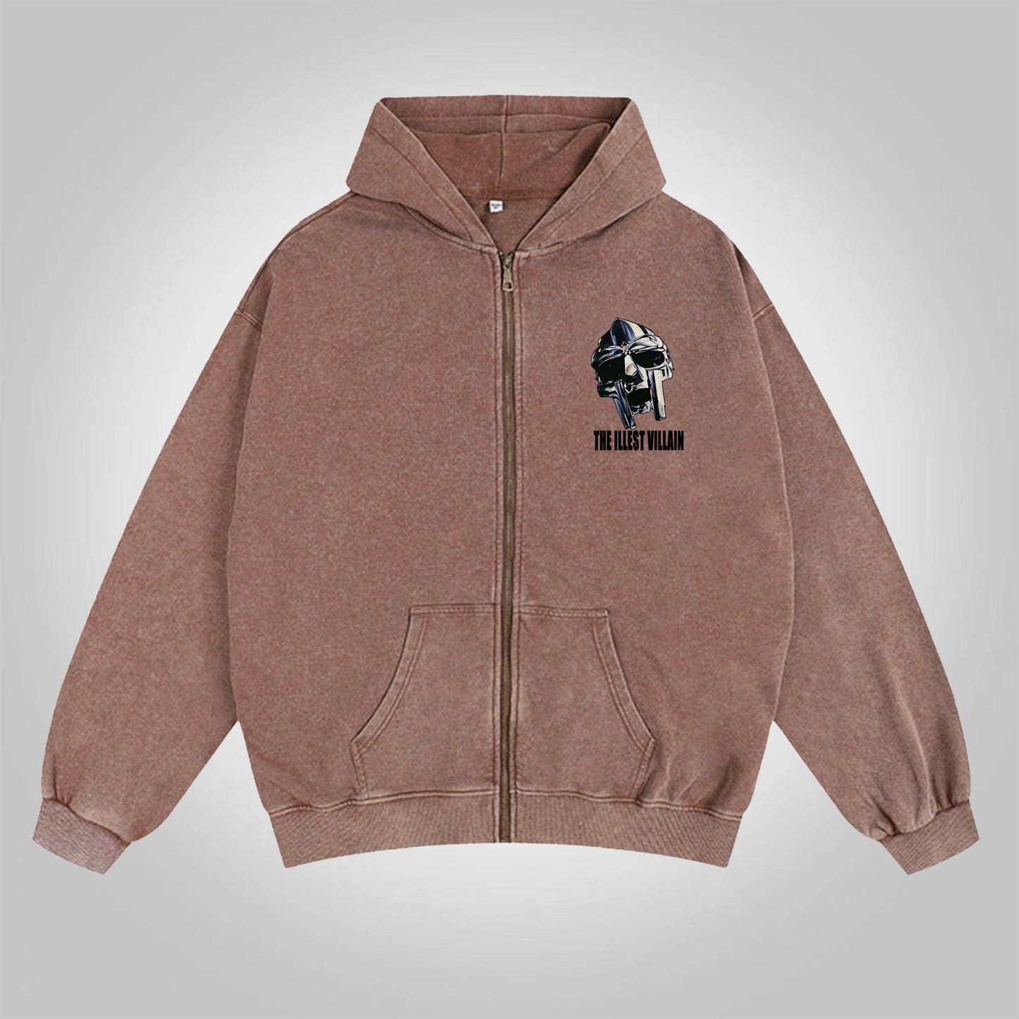 Vercoo Vintage The Illest Villain Mf Doom Graphic Washed Zip-Up Hoodie