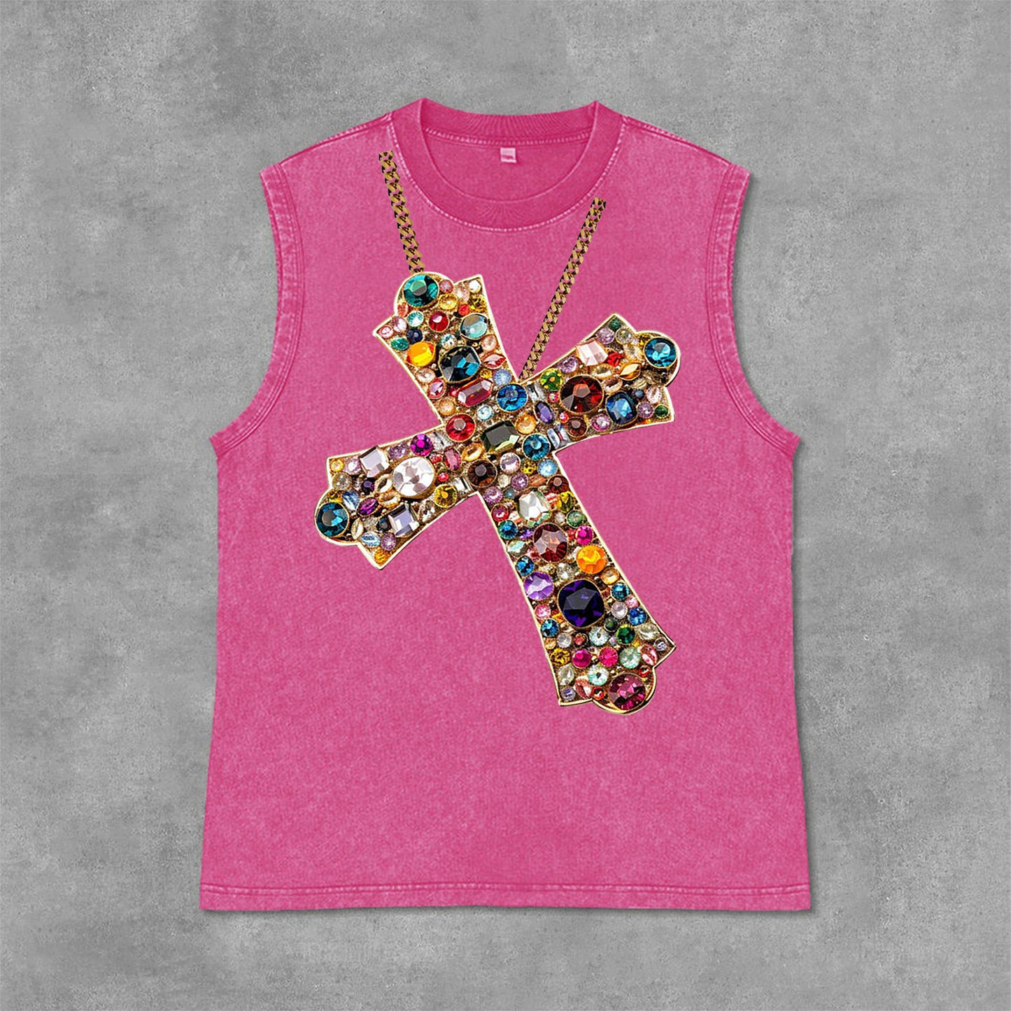 Diamond Cross Graphic Print Acid Washed Sleeveless Tank Top