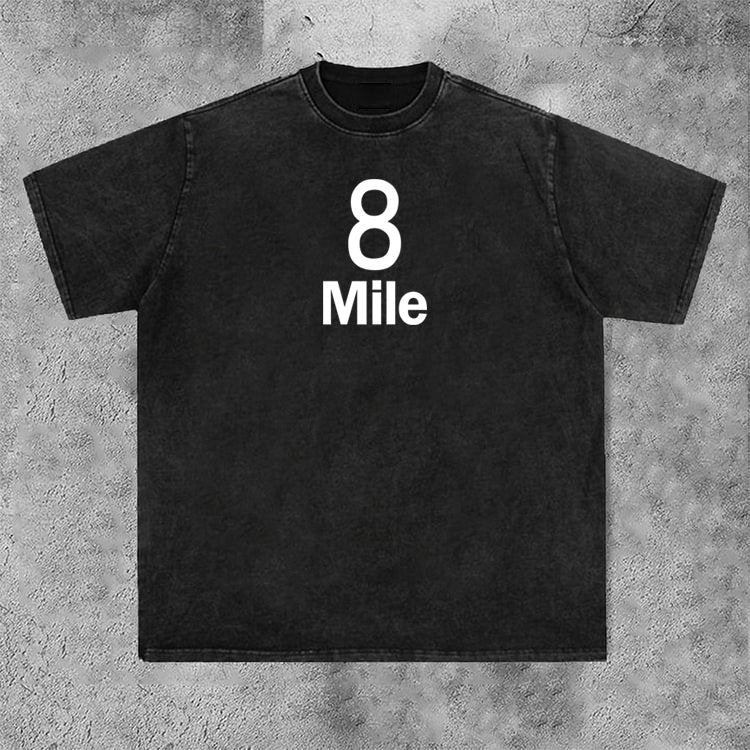 Men's Simple 8 Mile Graphic Printed Washed T-Shirt