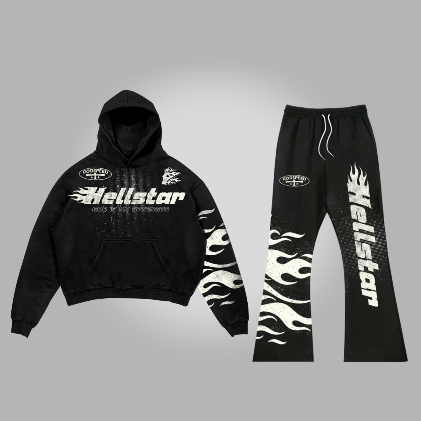 Vercoo Vintage Jesus Flame Hellstar Graphic Hoodie & Flared Trousers Two Piece Set