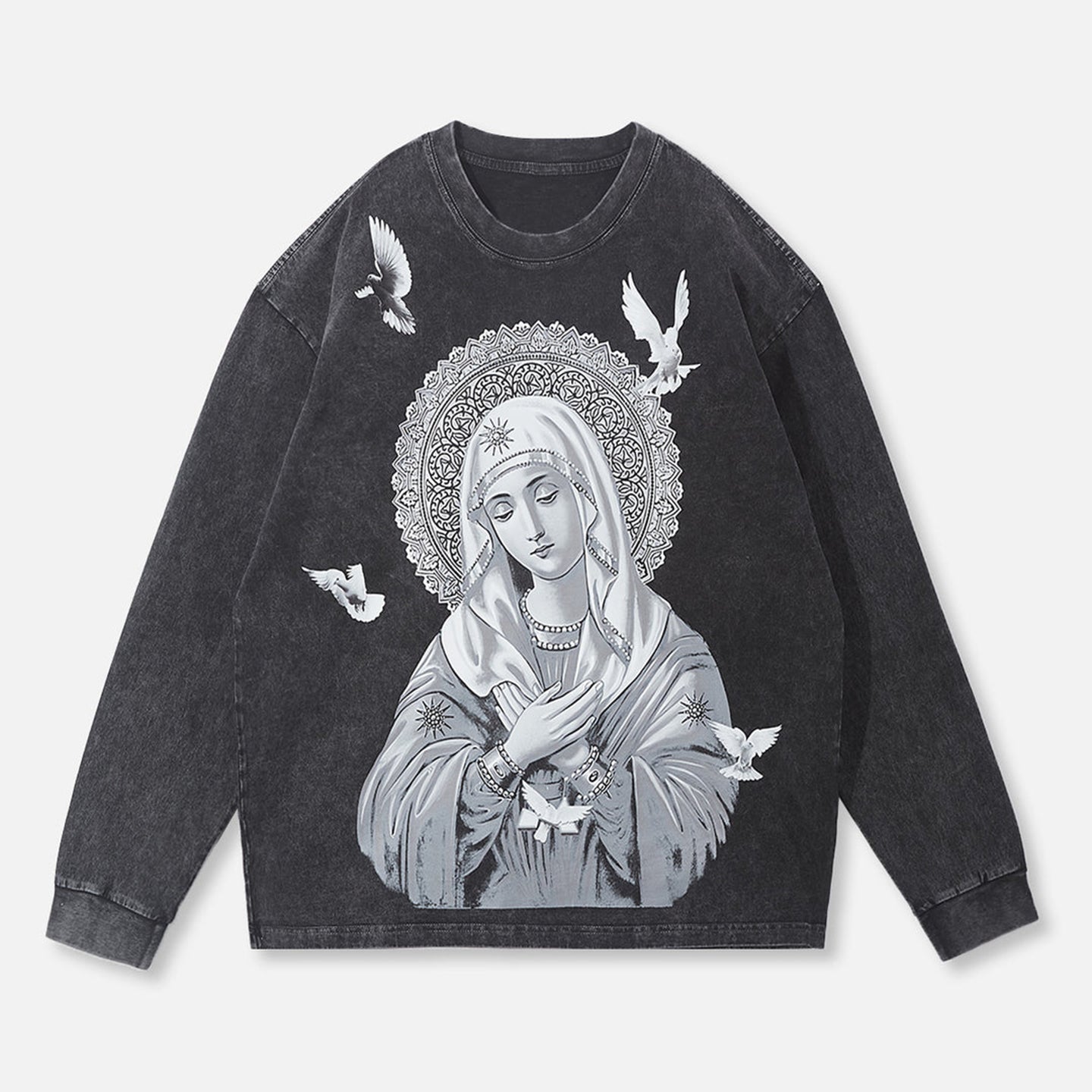 Vercoo Vintage Our Lady Of Guadalupe And Peace Dove Graphic Washed Long Sleeve T-Shirt