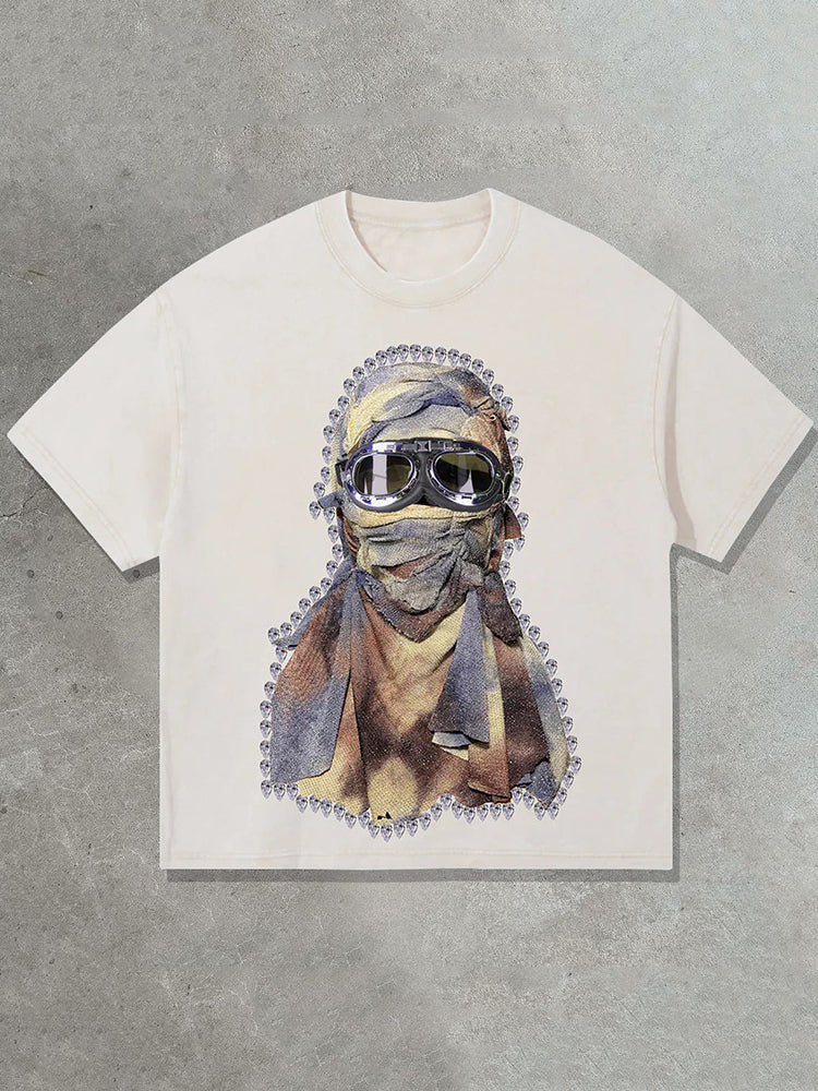 Vintage Diamond Balaclava Graphic Print T-Shirt