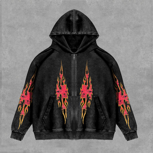 Vercoo Vintage Skater Flame Print Washed Cotton Zip-Up Hoodie