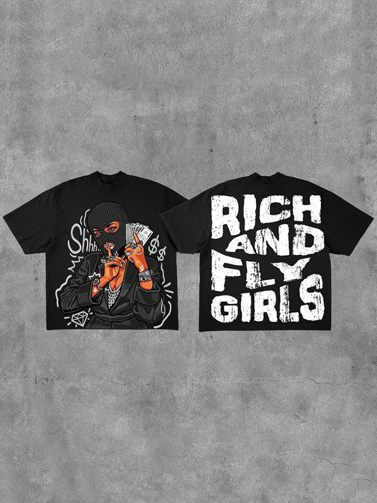 Vintage Rich And Fly Girl Graphic Cotton T-Shirt