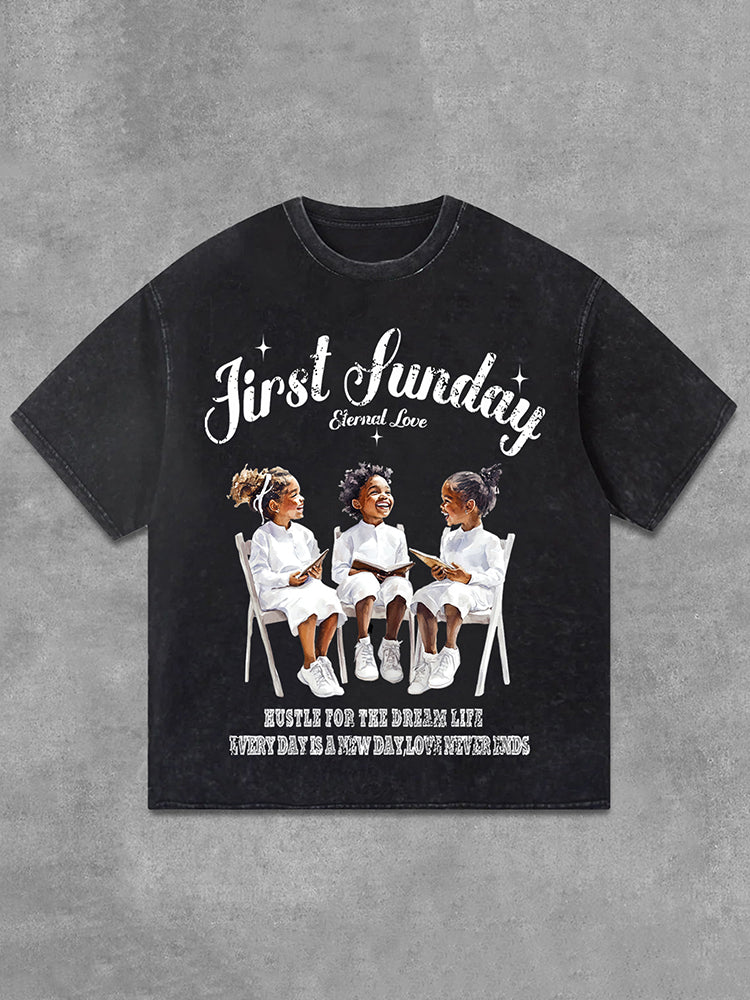 First Sunday Graphics Print Acid Washed T-Shirt