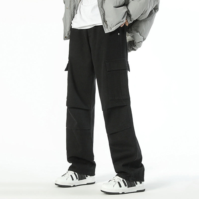 Men's Trendy Loose Wide-Leg Multi-Pocket Straight Pleated Work Pants