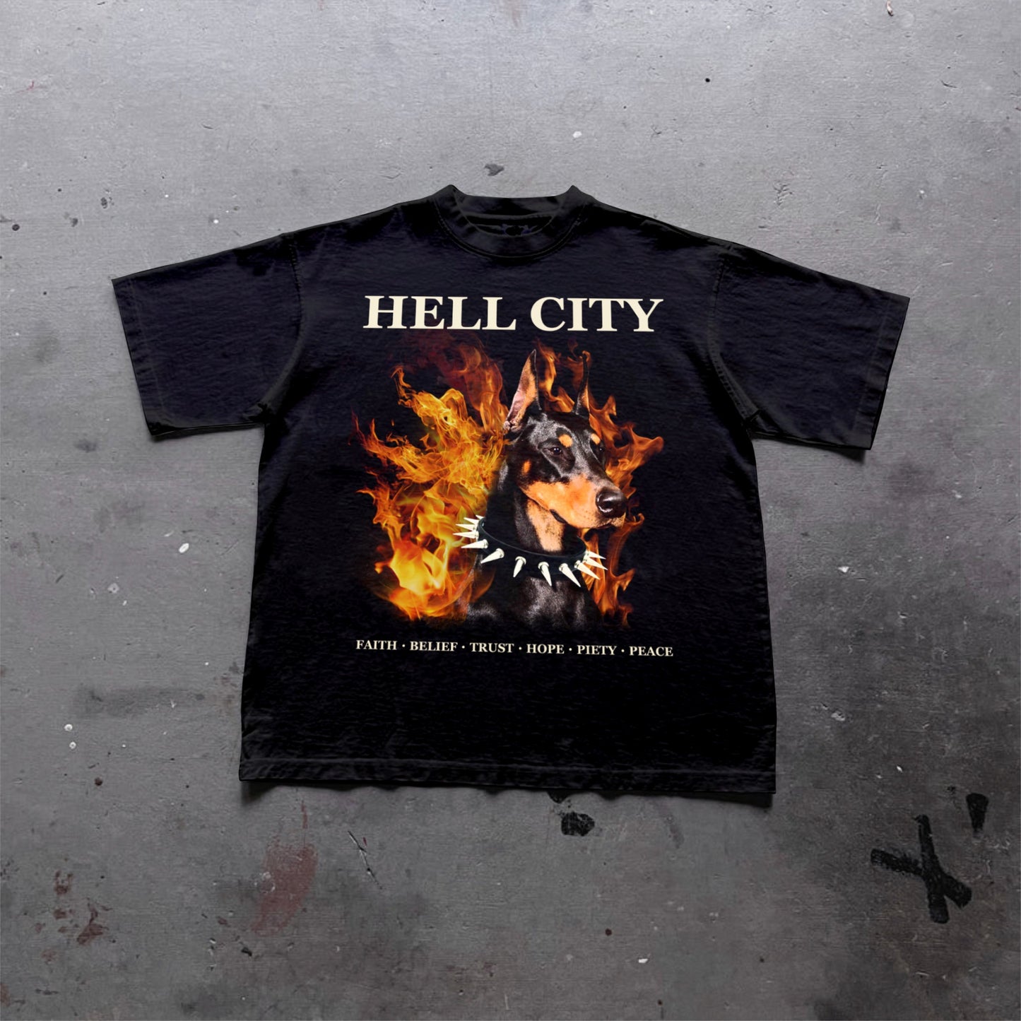 Hell City - Flame Dobern Printed Graphic Cotton T-Shirt